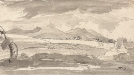 Vue sur des champs vers des montagnes lointaines, avec un cottage à droite